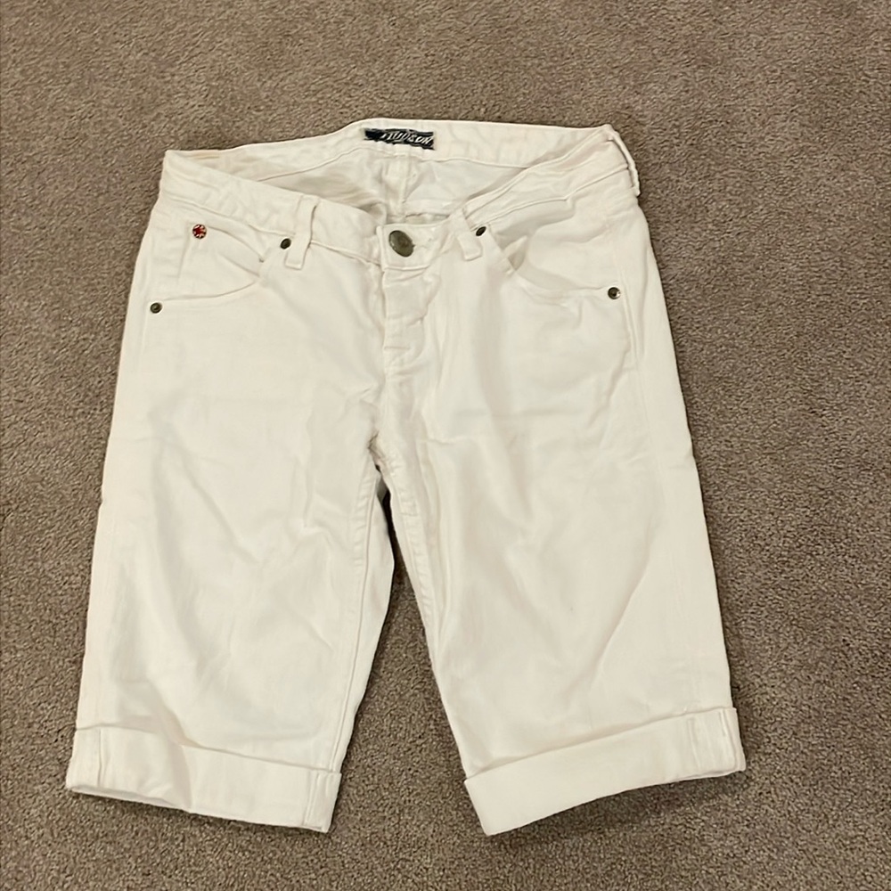 Hudson 27 White Denim Bermuda Shorts Cuffed Vintage Flap Close Back Pickets